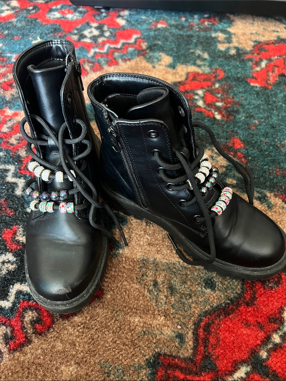art class Black Lace-Up Combat Boots with Beaded Accents